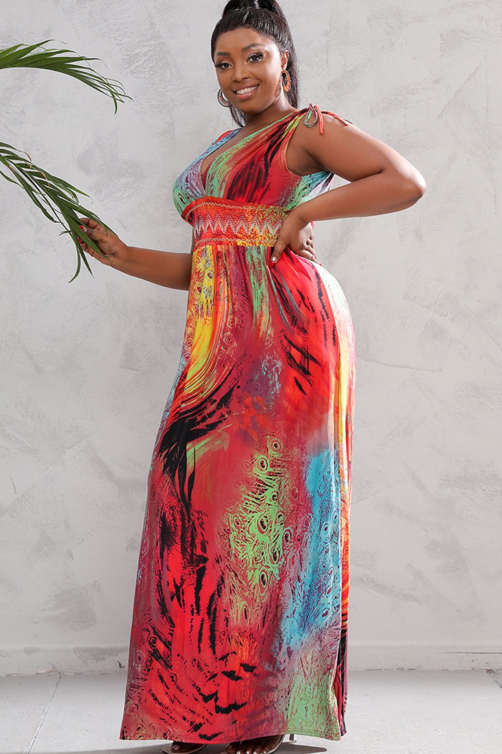 Tie-dye Peacock Sleeveless Smocked Waist Maxi Dress Large-5X Curvy Size Only