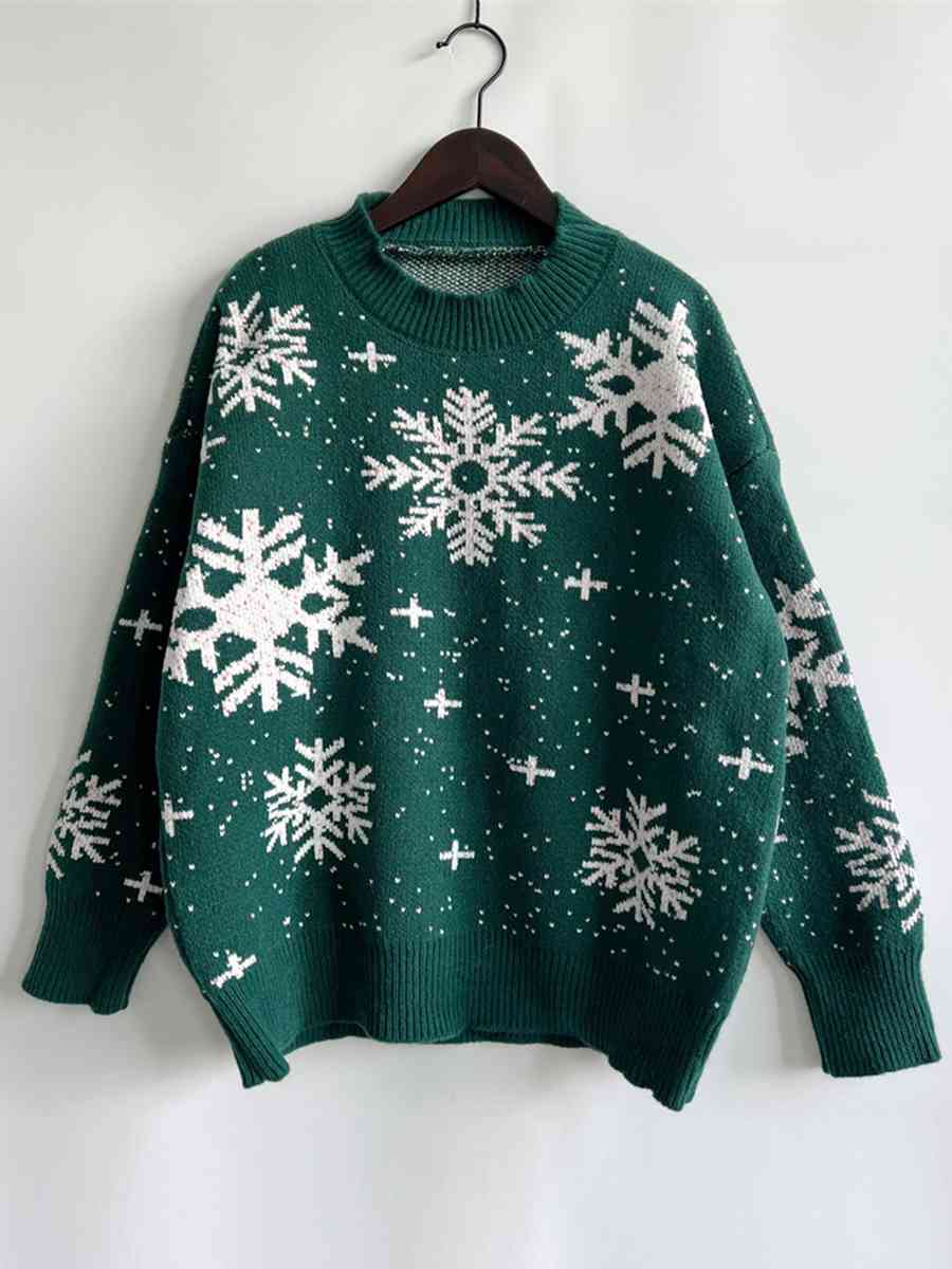Color Contrast Snowflake Round Neck Long Sleeve Minimalist Winter Sweater