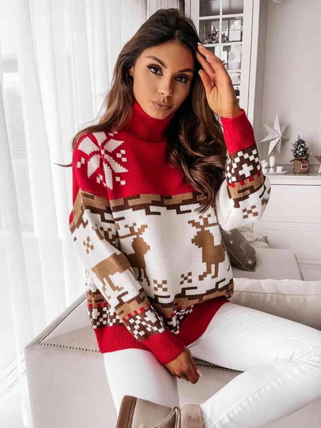 Knit Fair Isle Reindeer Snowflake Turtleneck Bold Geometric Classic Sweater