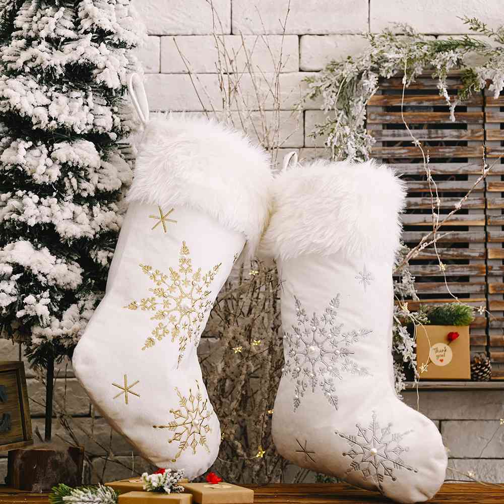 Faux Fur Embroidered Snowflake Beaded Holiday Christmas Stocking Festive Decor