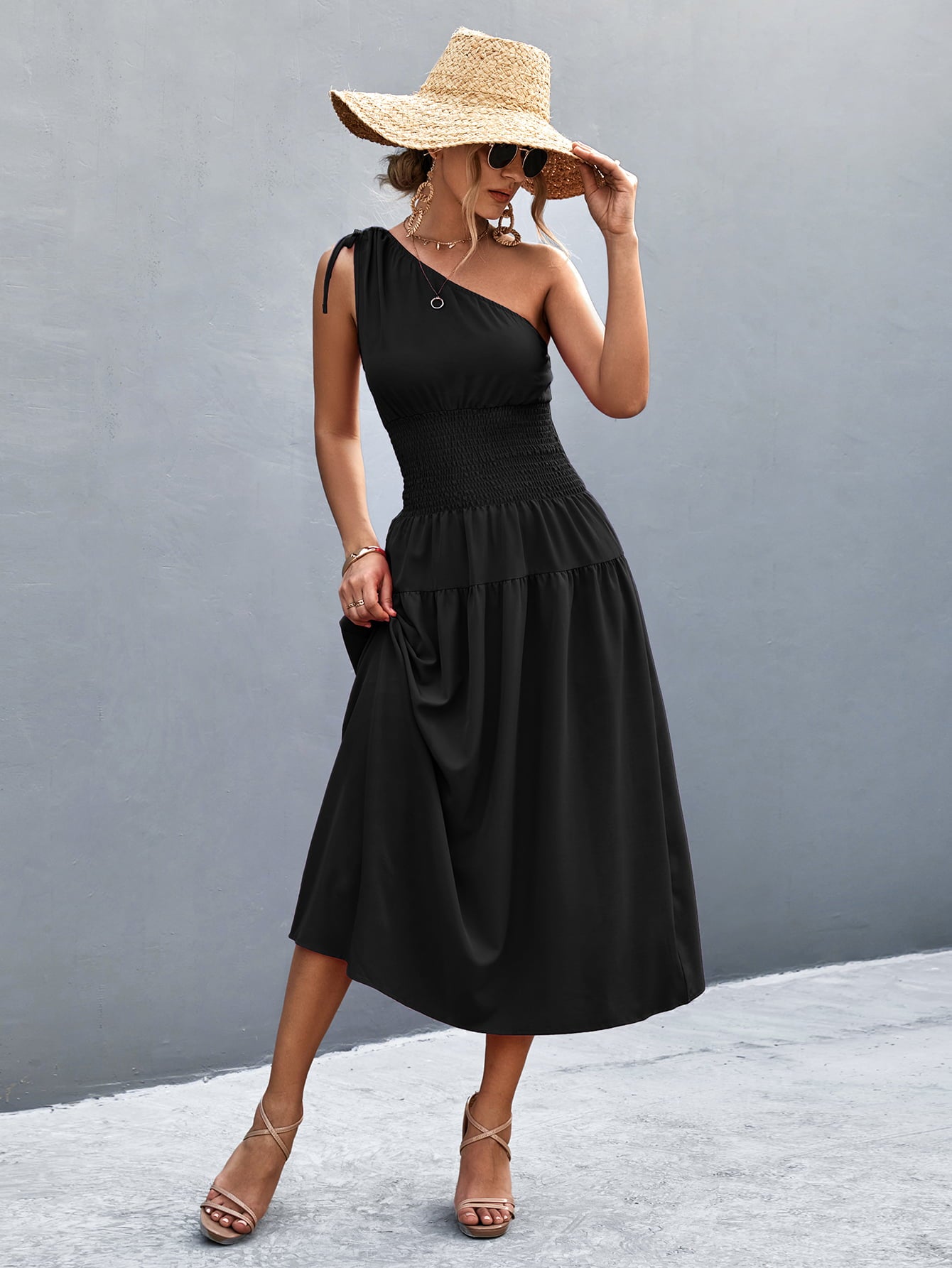 Cinch Tie Asymmetrical One Shoulder Smocked Waist Midi Dress