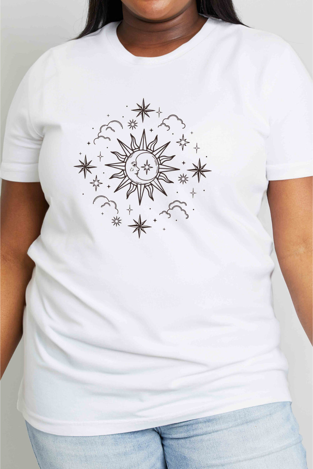 SUN MOON CLOUDS Celestial Graphic Short Sleeve 100% Cotton Tee Shirt (Plus Size Available)