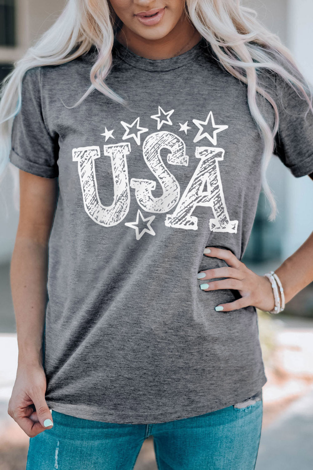 Chalkboard USA Drawn Star Graphic Top Cuffed Short Sleeve Tee Shirt (Plus Size Available)
