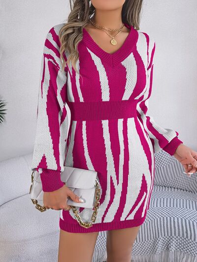 Zebra Knit Sweater Dress Round Neck Playful Animal Print Long Sleeve Mini