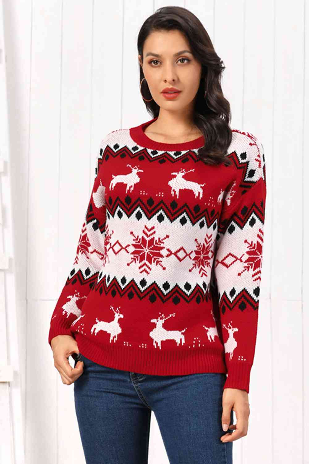 Snowflake Reindeer Fair Isle Knit Round Neck Classy Holiday Sweater Minimalist