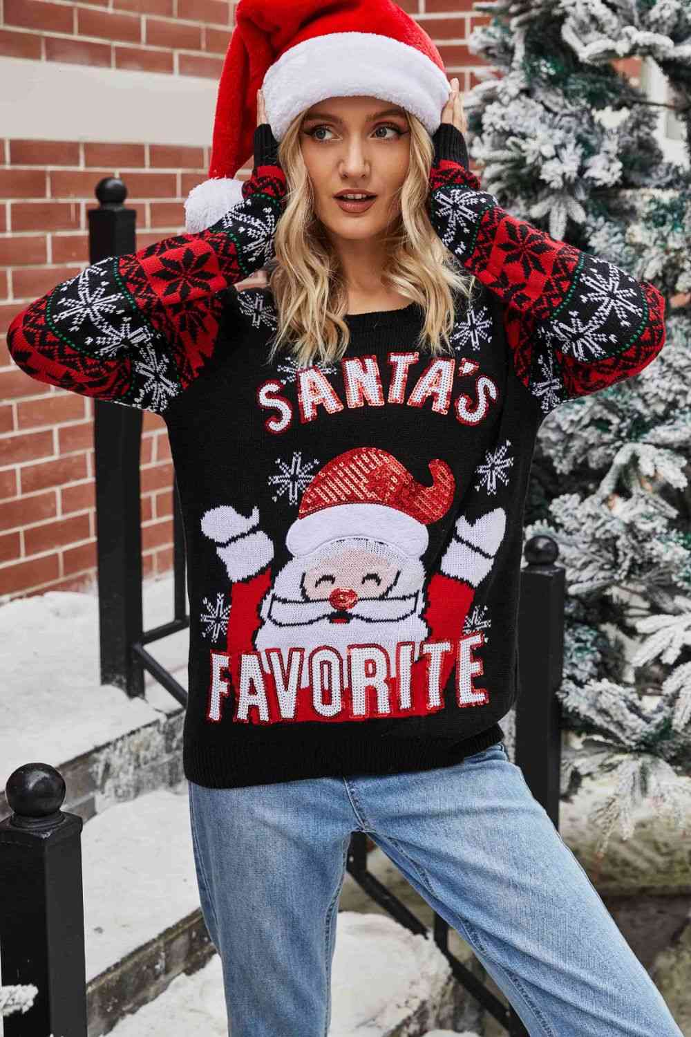 Sequin Santa's Favorite Knit Fun Round Neck Glam Holiday Sweater Top