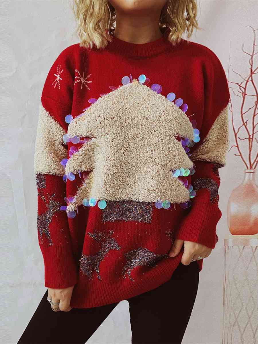 Oversized Sequin Shag Teddy Christmas Tree Reindeer Knit Long Sleeve Sweater Top
