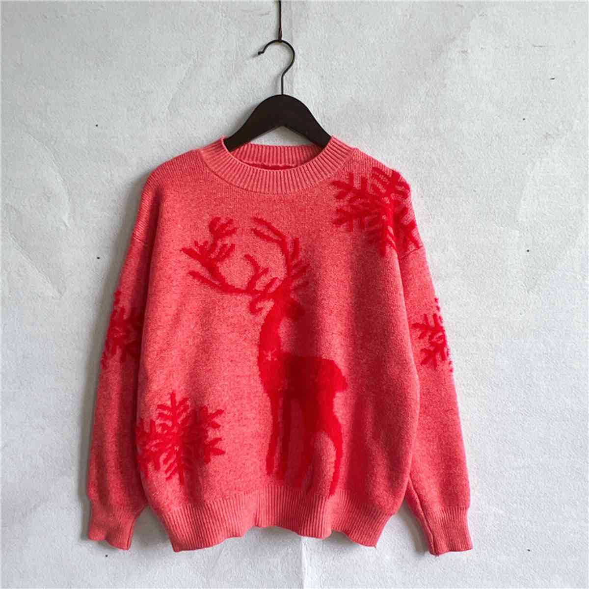 Fuzzy Reindeer Snowflake Knit Round Neck Winter Soft Print Sweater