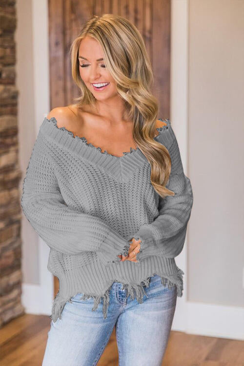 Distressed Raw Hem Off Shoulder Wide Neck Long Sleeve Waffle Knit Sweater Shirt