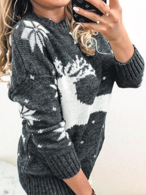 Reindeer Winter Snow Chic Knit Round Neck Classy Holiday Sweater