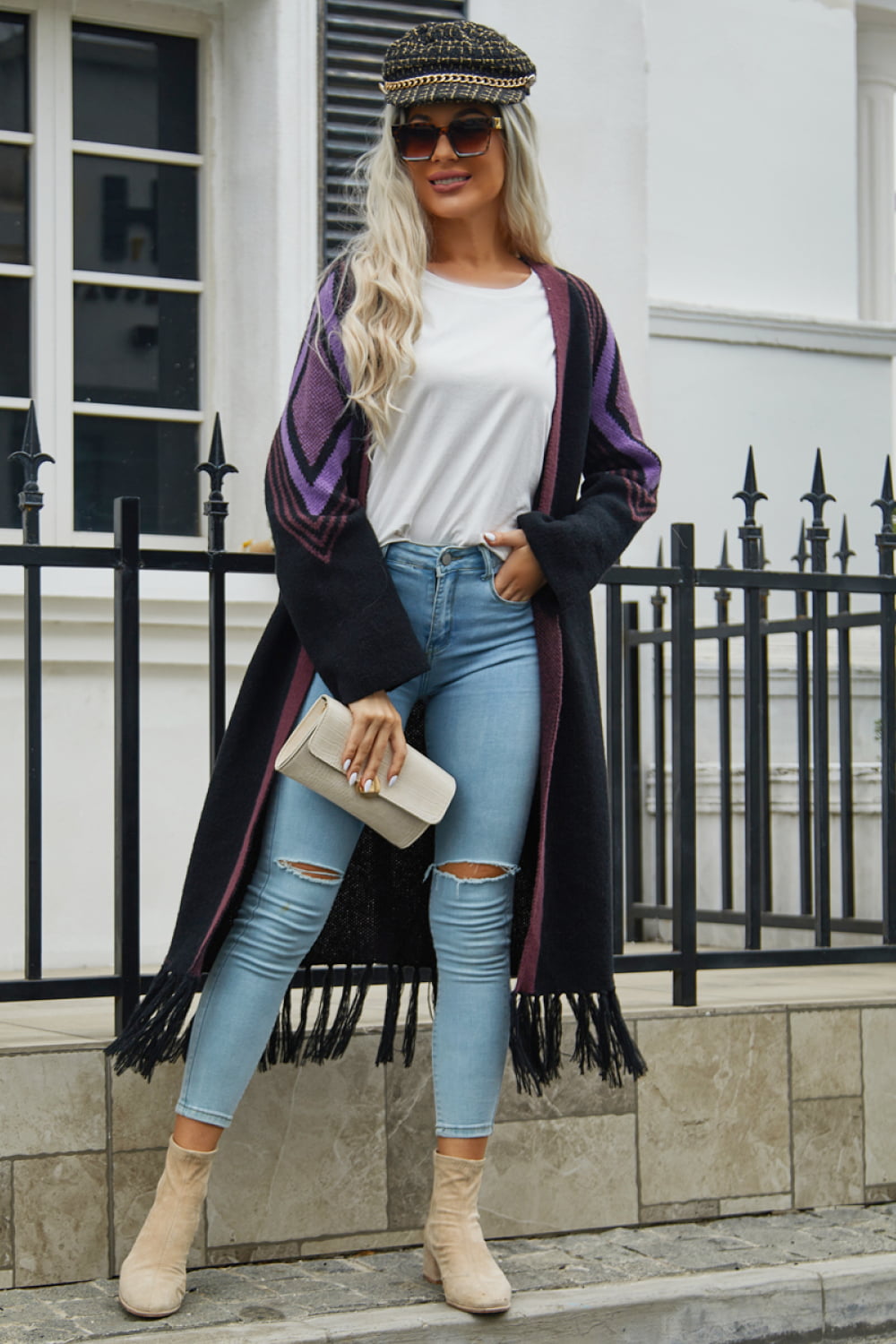 Fringe Retro Geometric Knit Cardigan Sleeve Colorful Open Front Sweater Duster