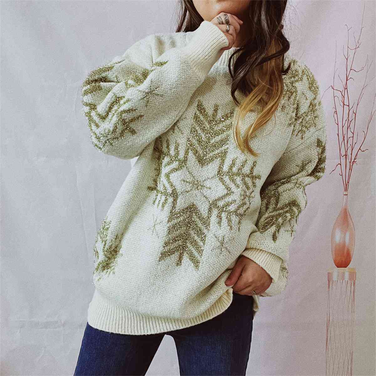 Fuzzy Contrasting Snowflake Knit Round Neck Classy Minimalist Winter Sweater