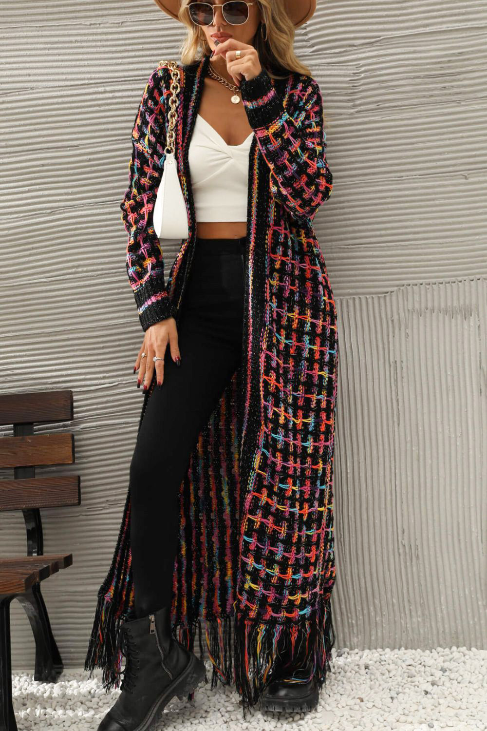 Retro Knit Bold Colorful Open Front Fringe Hem Longline Duster Sweater Cardigan