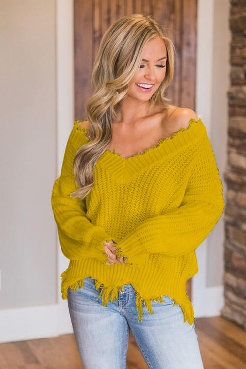 Distressed Raw Hem Off Shoulder Wide Neck Long Sleeve Waffle Knit Sweater Shirt