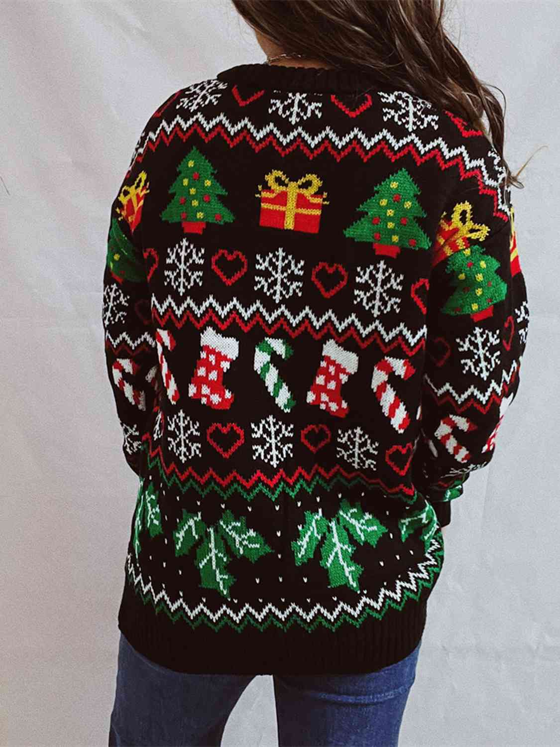Festive Knit Santa Candy Canes Trees Round Neck Holiday Sweater Top