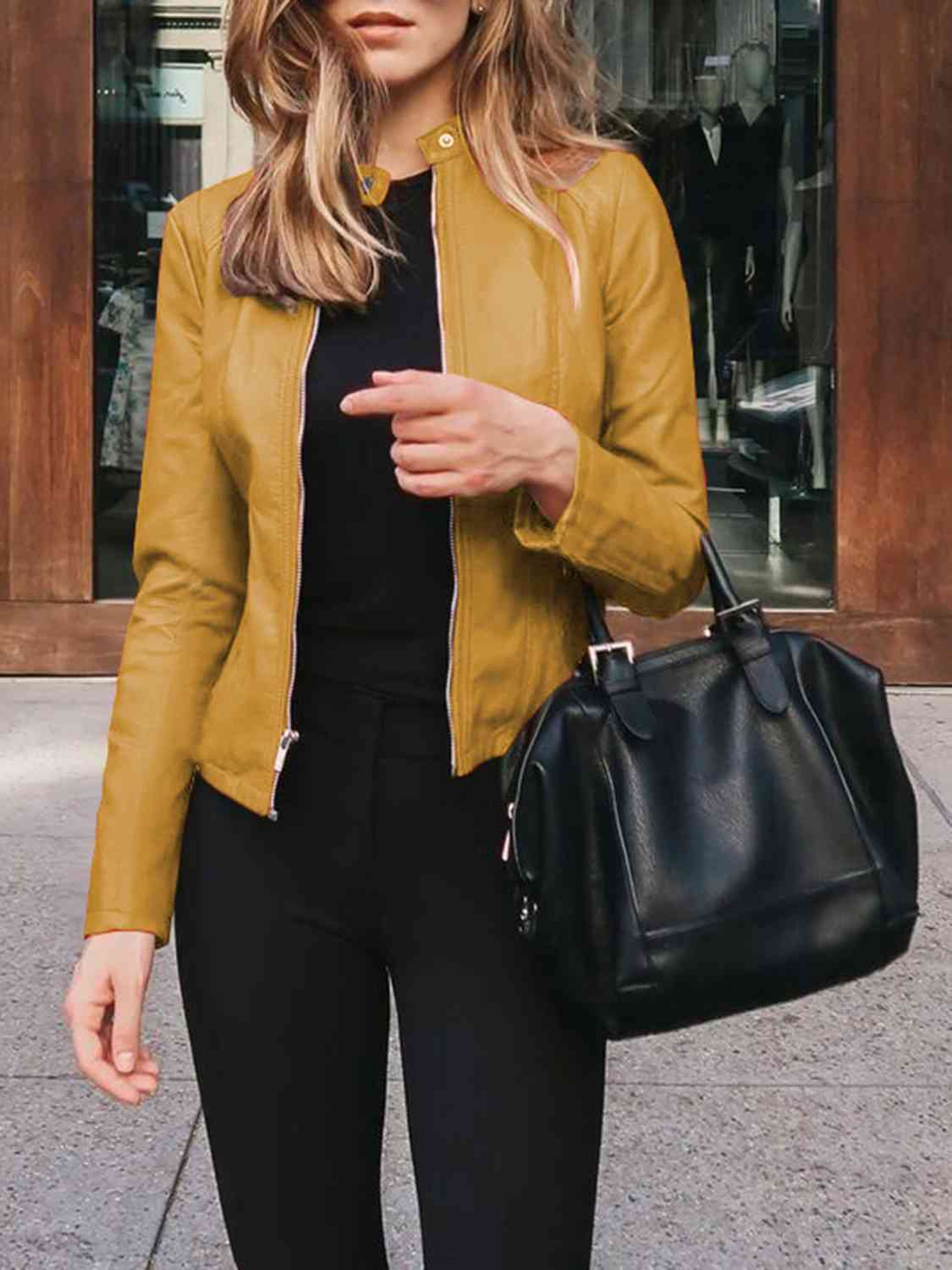 Chic Moto Vegan Leather Jacket Zip-up Sleek Snap Mock Neck