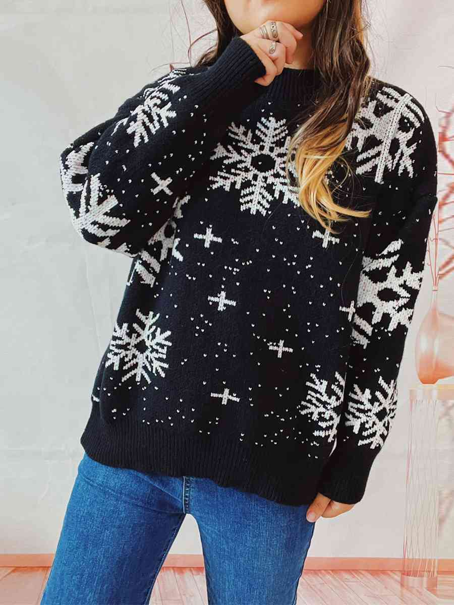 Color Contrast Snowflake Round Neck Long Sleeve Minimalist Winter Sweater