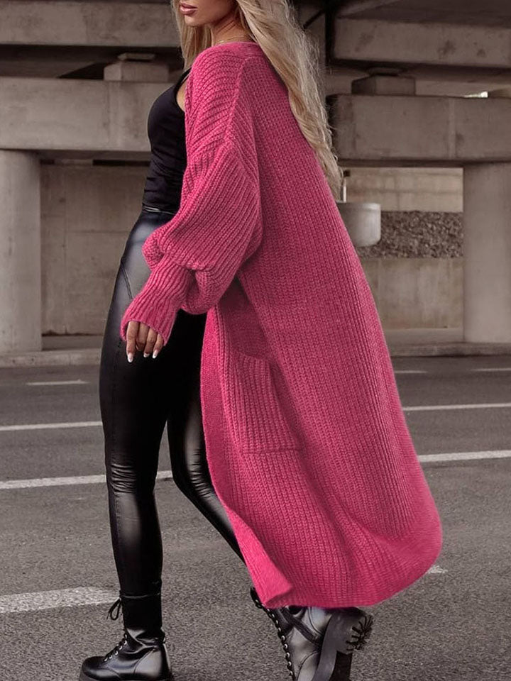 Longline Heavy Waffle Knit Lantern Sleeve Classic Patch Pocket Duster Cardigan
