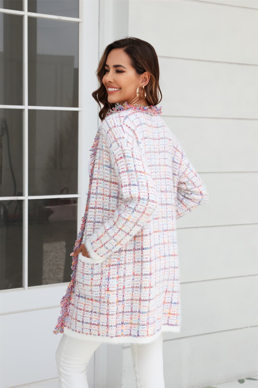 Plaid Retro Knit Colorful Fringe Fur Hem Longline Sweater Cardigan
