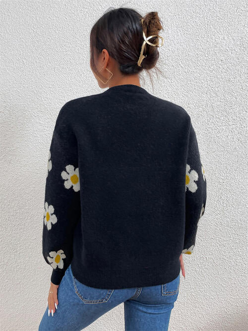 Daisy Retro Flower Knit Pullover Classic Long Lantern Sleeve Sweater Shirt
