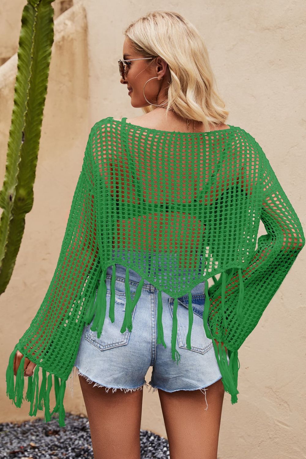 Openwork Fishnet Fringe Trim Long Sleeve Crop Top Cover Up White