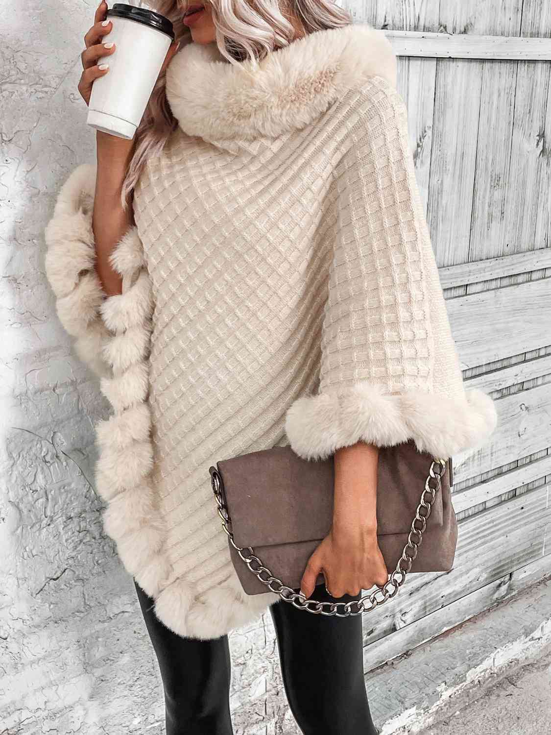 Soft Plush Faux Fur Woven Knit Oversized Pullover Sweater Jacket Poncho
