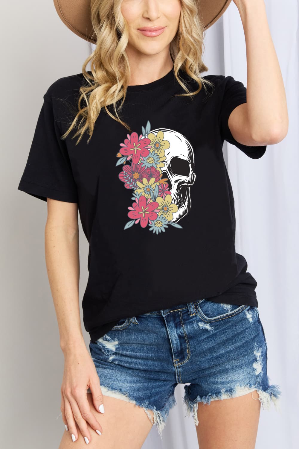 Colorful Floral Skull Graphic 100% Cotton Short Sleeve Tee Shirt (Plus Size Available)