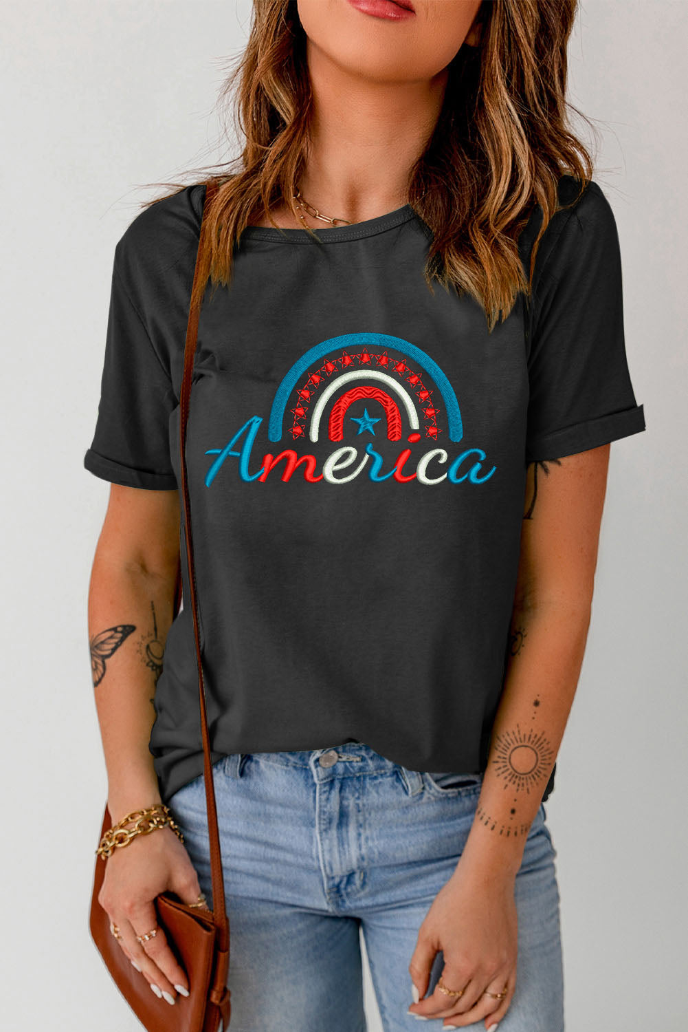 Embroidered AMERICA Patriotic Top Cuffed Short Sleeve Tee Shirt (Plus Size Available)