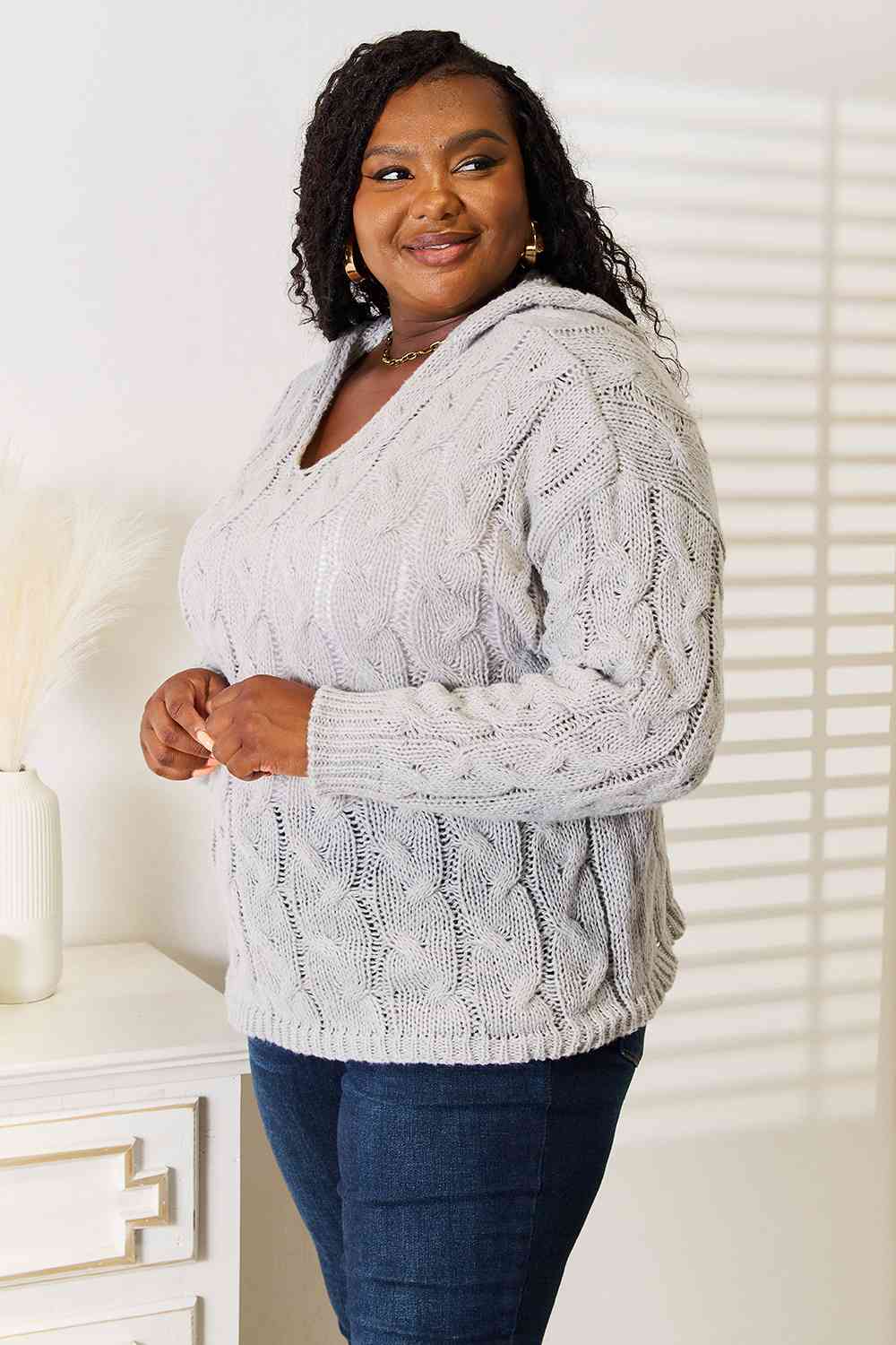 Cable-Knit Woven Hoodie Long Sleeve Classic Pullover Lightweight Sweater