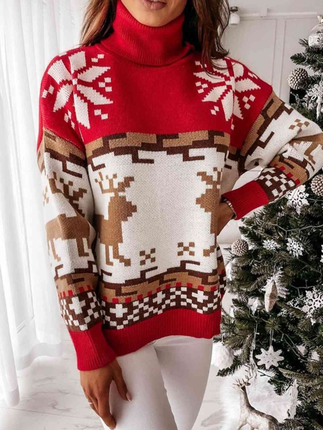 Knit Fair Isle Reindeer Snowflake Turtleneck Bold Geometric Classic Sweater