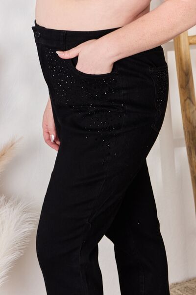 Black Rhinestone Accent Skinny Slim Fit Denim High Rise Waist Jean Pants