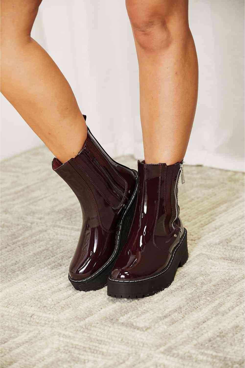 Platform Boots Side Zip Vegan Patent Leather Round Toe Shoes Forever Link