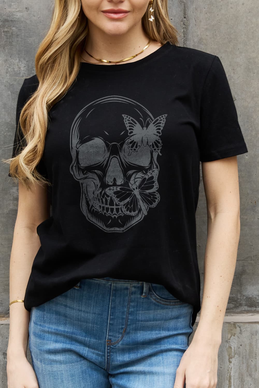 Butterfly Skull Contrasting Graphic 100% Cotton Short-sleeve Tee Shirt