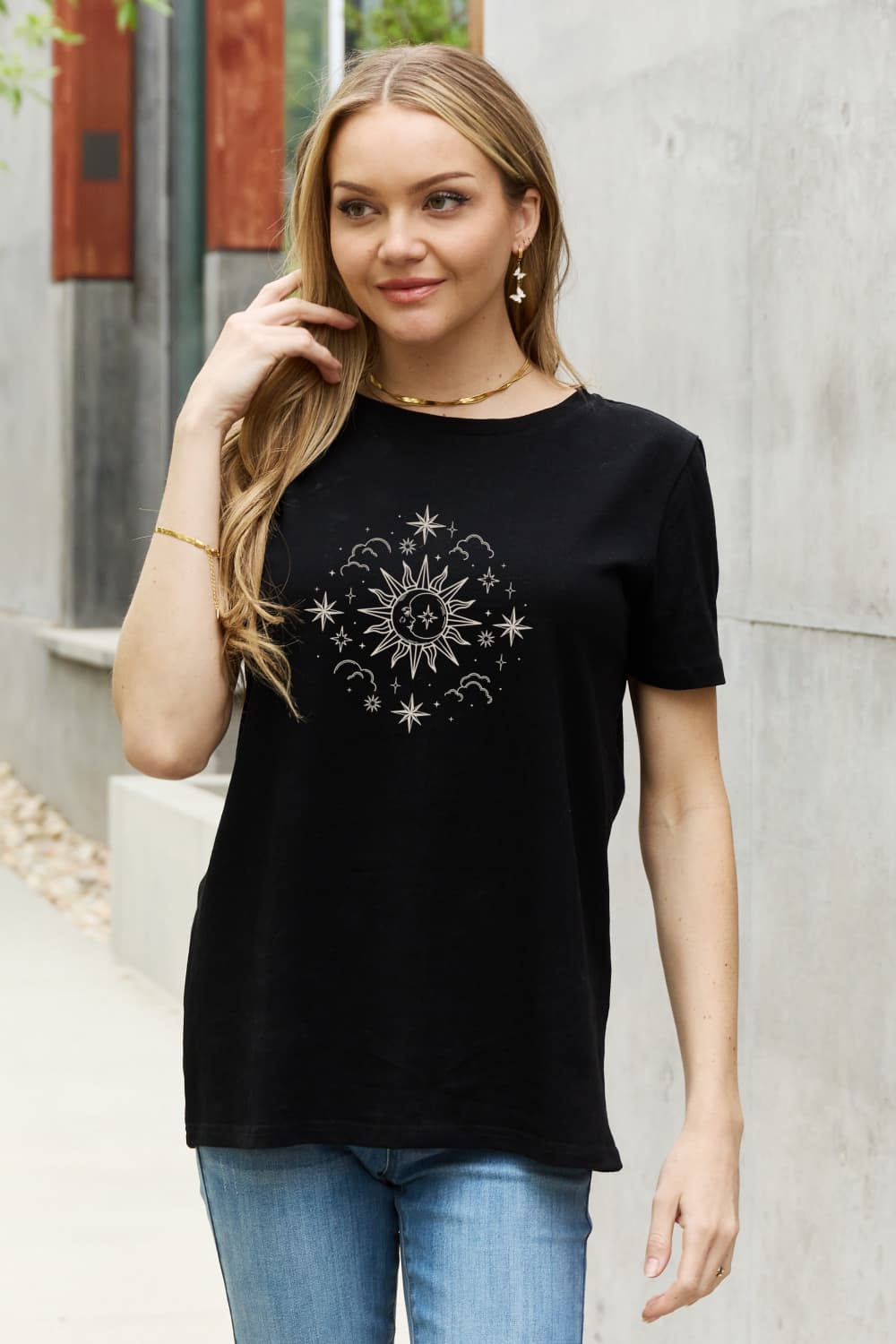 SUN MOON CLOUDS Celestial Graphic Short Sleeve 100% Cotton Tee Shirt (Plus Size Available)