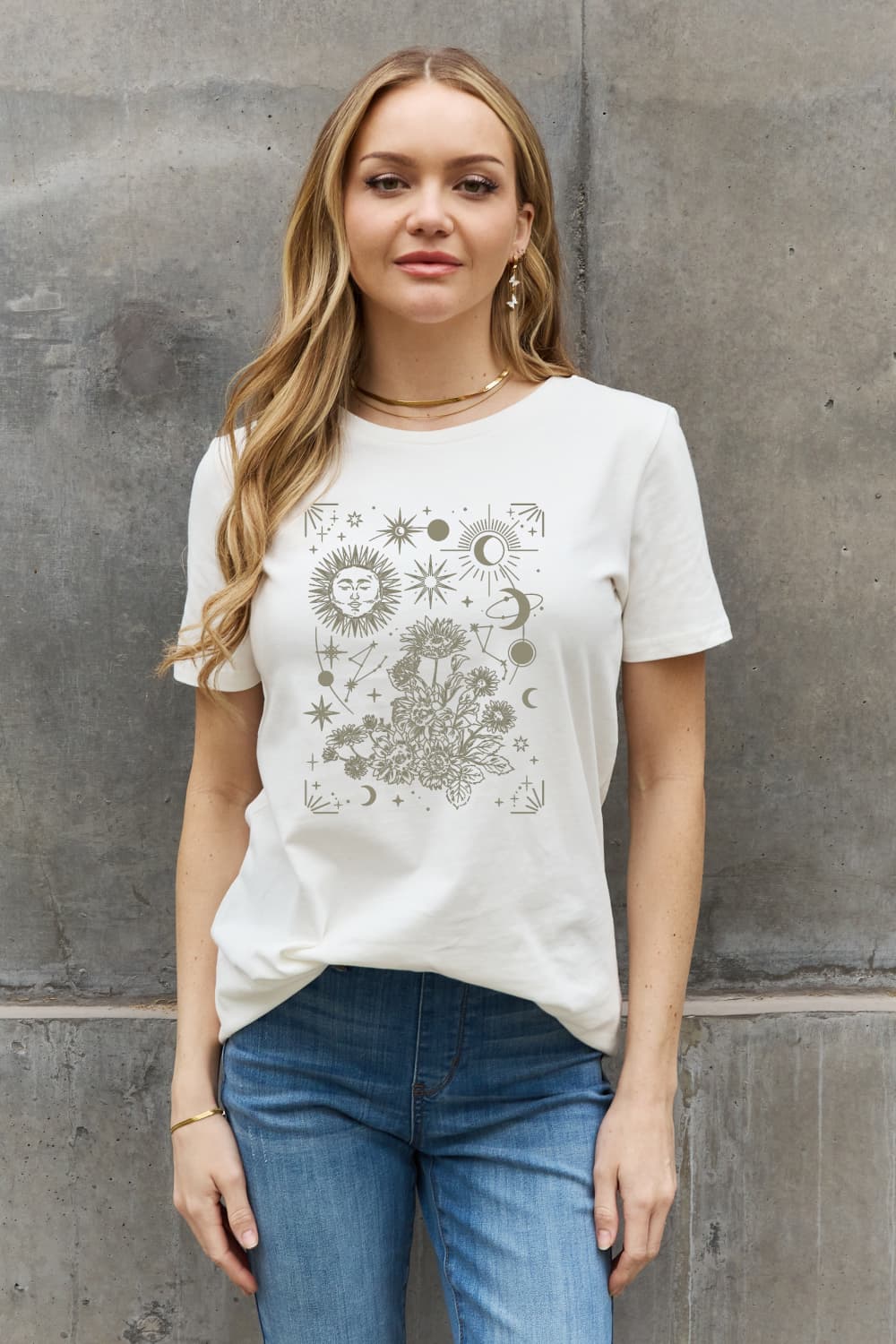 Celestial Moon Sun Stars Graphic Short Sleeve 100% Cotton Tee Shirt (Plus Size Available)