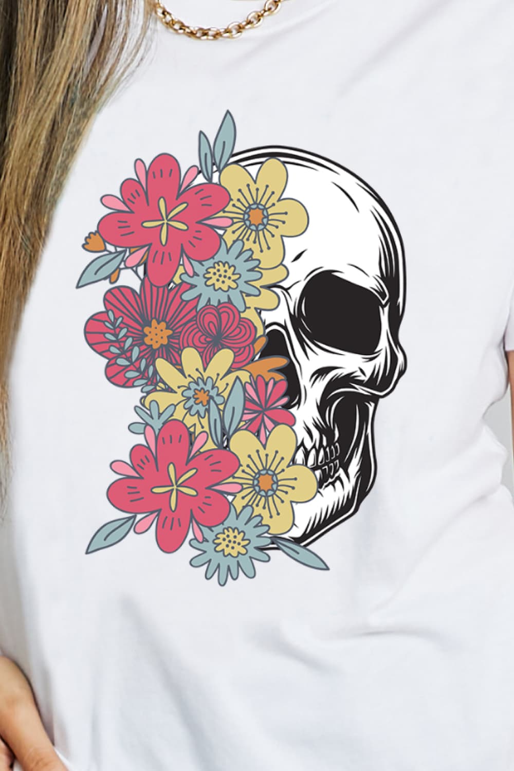 Colorful Floral Skull Graphic 100% Cotton Short Sleeve Tee Shirt (Plus Size Available)