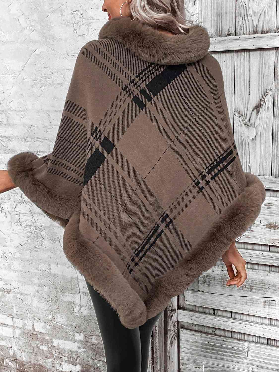 Plush Faux Fur Plaid Stripe Oversized Pullover Sweater Jacket Poncho