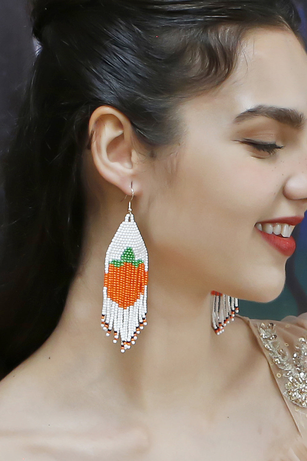Long Beaded Pumpkin Bohemian Dangle Earrings Fall Jewelry Artisan