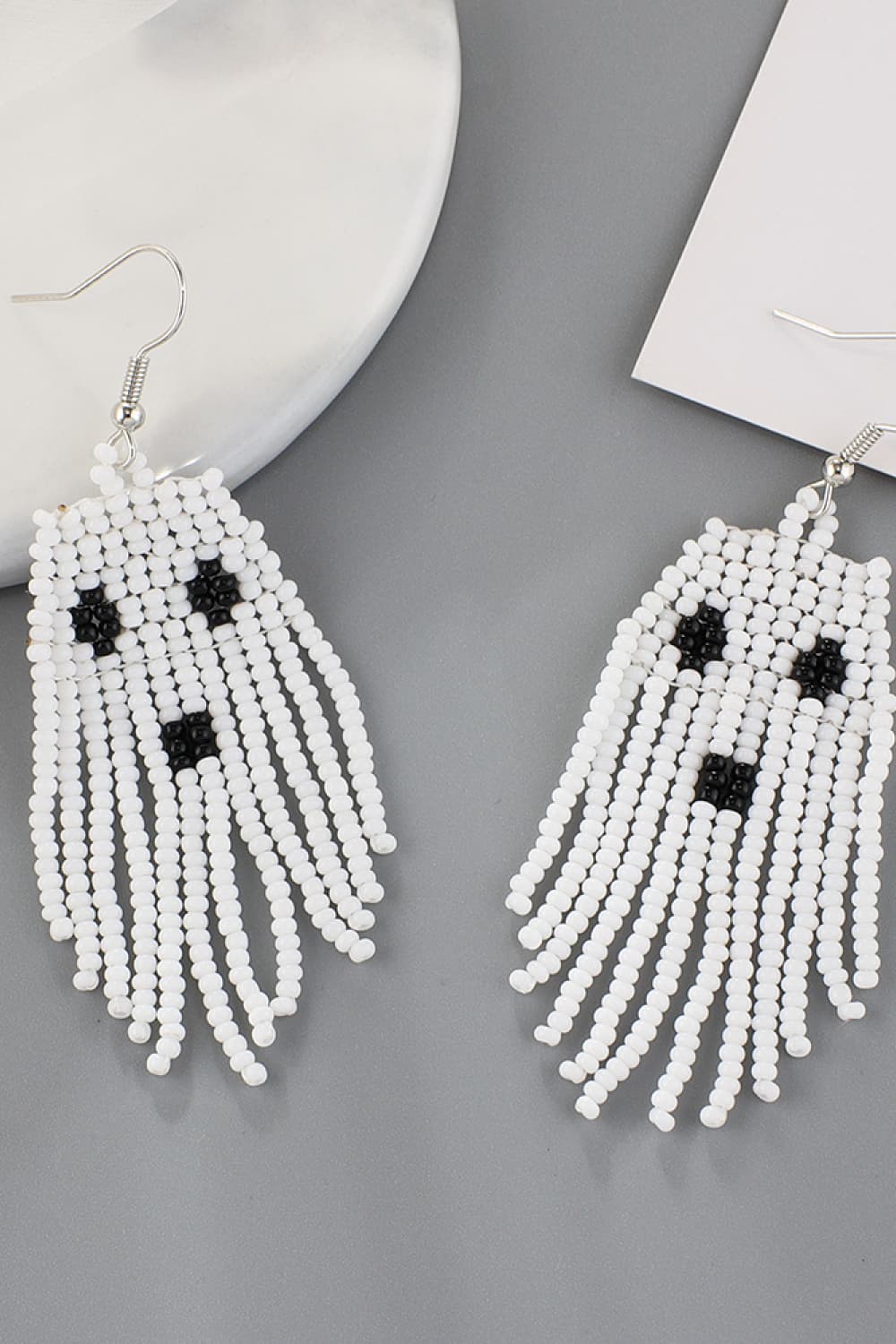 Spooky Fun Beaded Long Dangle Earrings Ghost Skeleton Jewelry Artisan