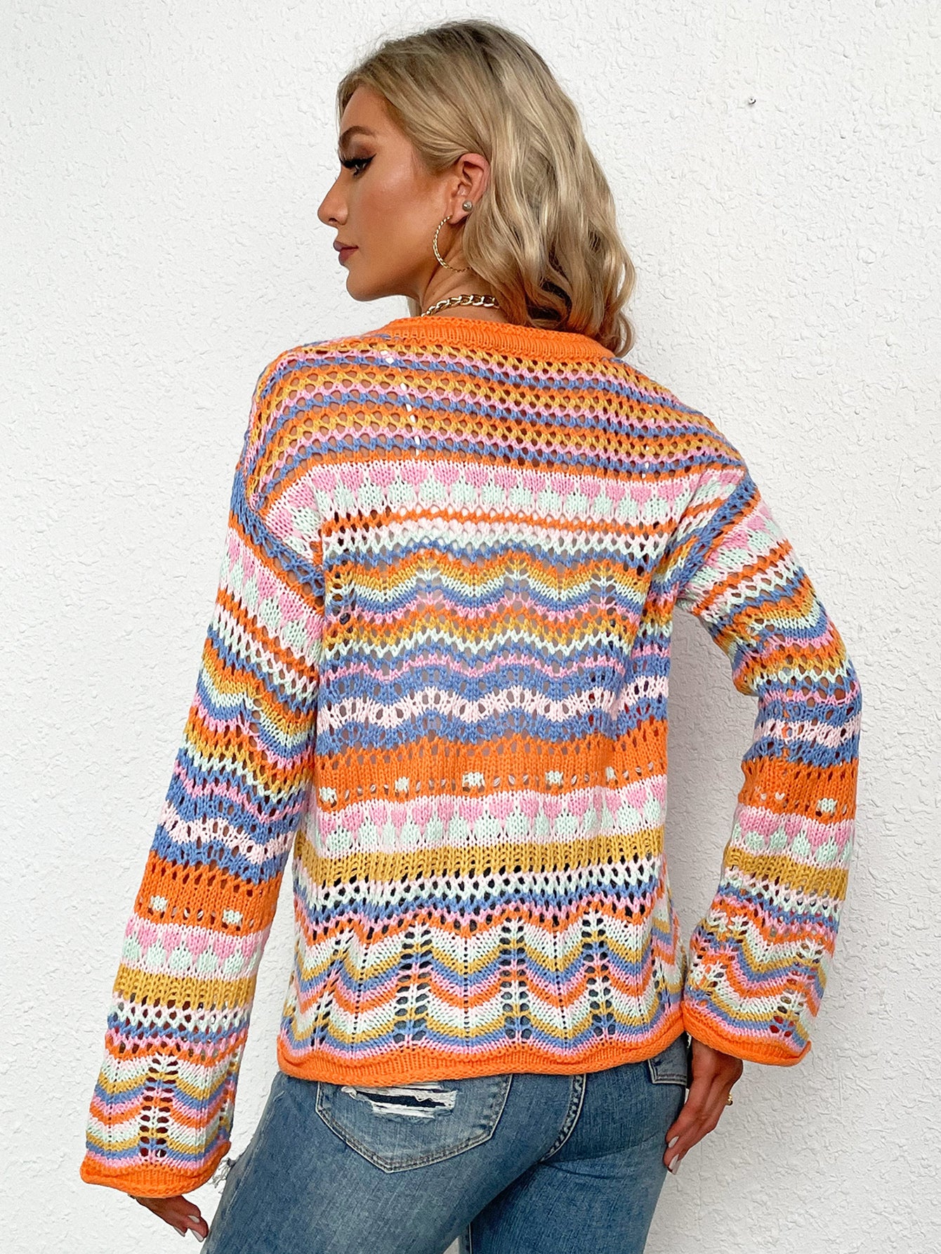 Bright Chevron Stripe Openwork Knit Button Front Long Sleeve Retro Cardigan