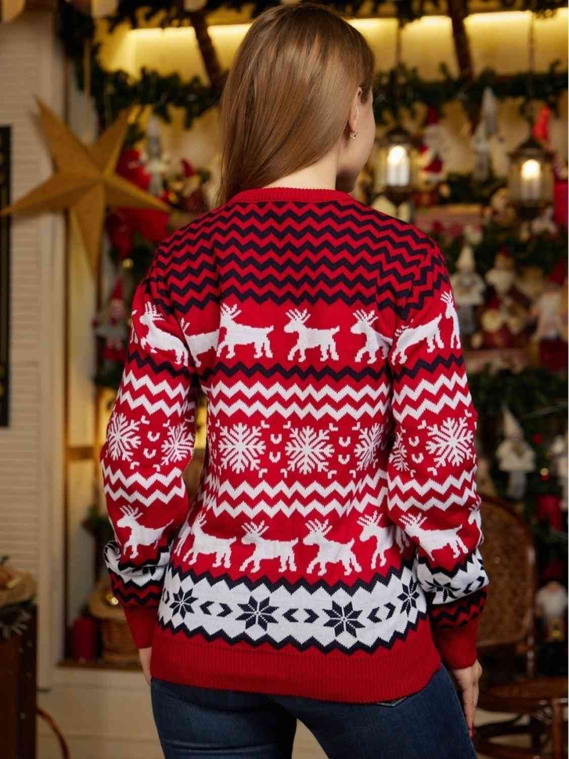 Fair Isle Snowflake Reindeer Knit Round Neck Classic Holiday Minimalist Sweater