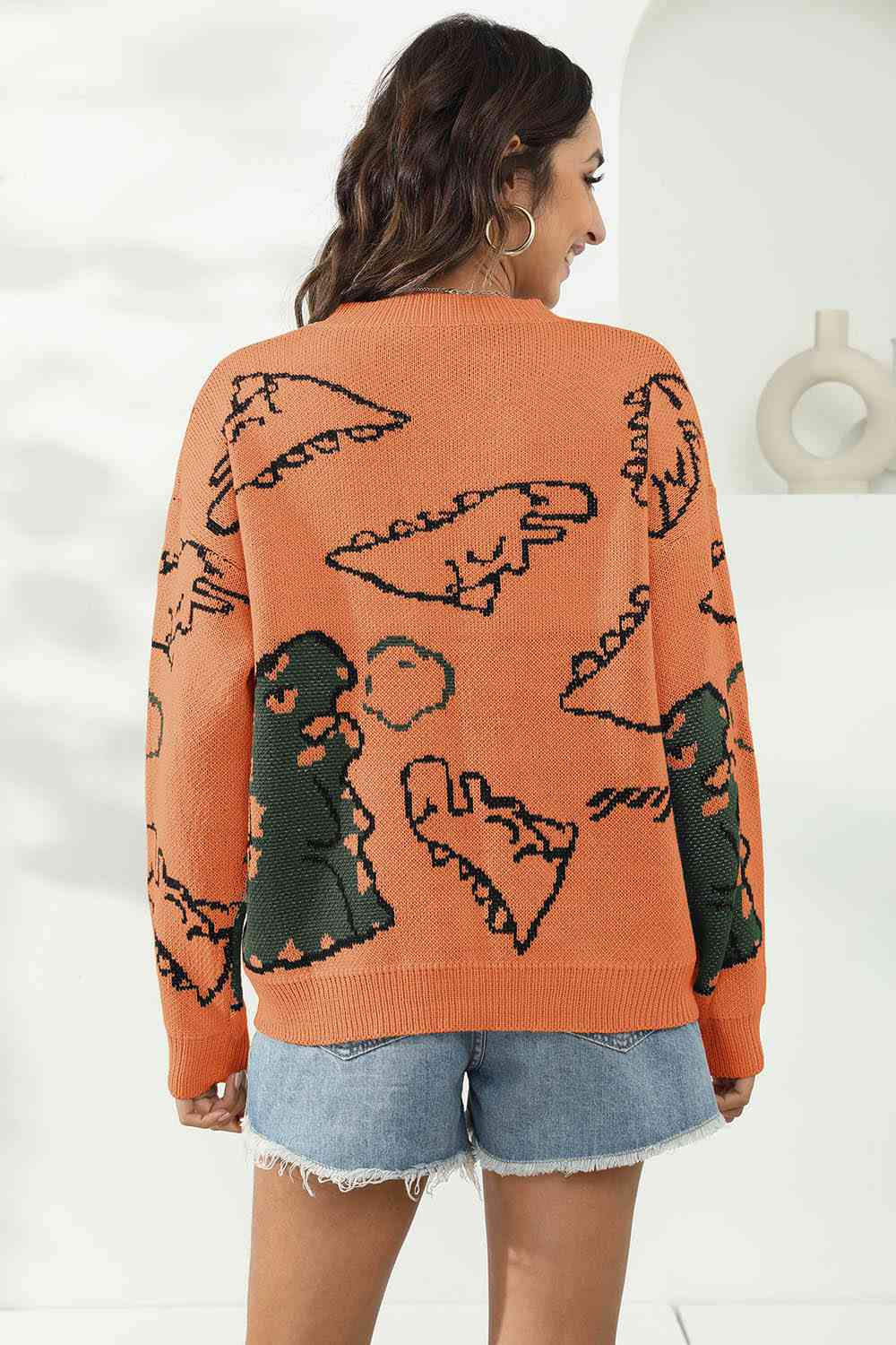 Knit Dinosaur Print Round Neck Long Sleeve Oversized Fun Pullover Sweater