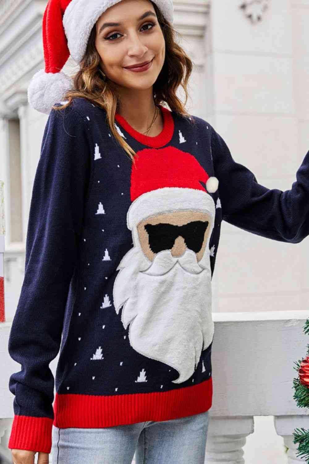 Fuzzy Embroidered Santa Claus Holiday Christmas Long Sleeve Sweater