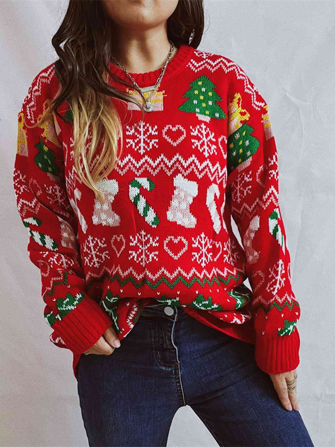 Festive Knit Santa Candy Canes Trees Round Neck Holiday Sweater Top