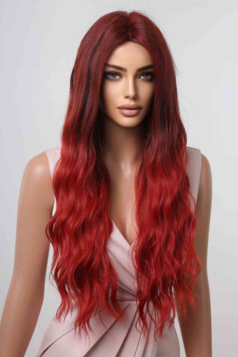 Red Ombre Long Wavy 27" Synthetic Hair Wig 13x1" Lace Front Capless-Cap Adjustable Tabs
