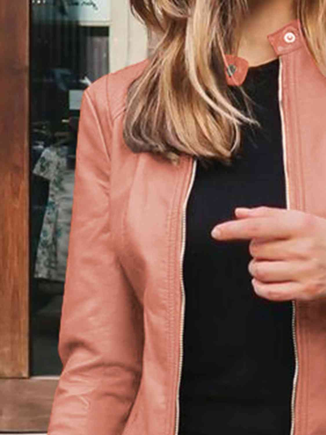 Chic Moto Vegan Leather Jacket Zip-up Sleek Snap Mock Neck