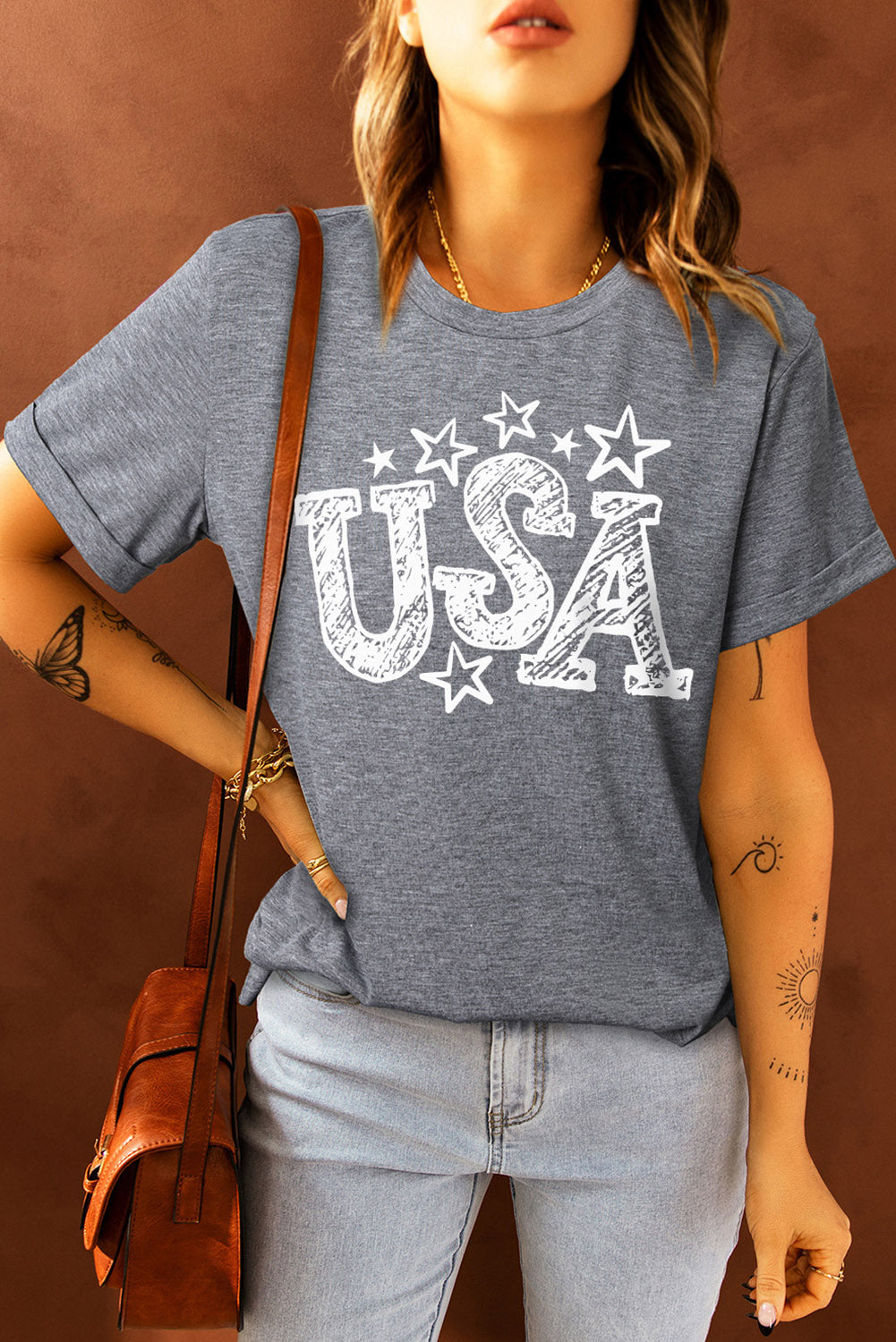 Chalkboard USA Drawn Star Graphic Top Cuffed Short Sleeve Tee Shirt (Plus Size Available)