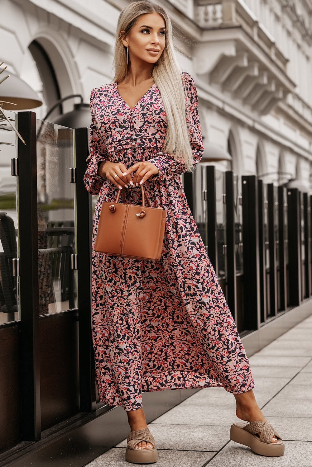 Abstract Pink Floral V-Neck Buttoned Chest Long Sleeve Maxi Dress