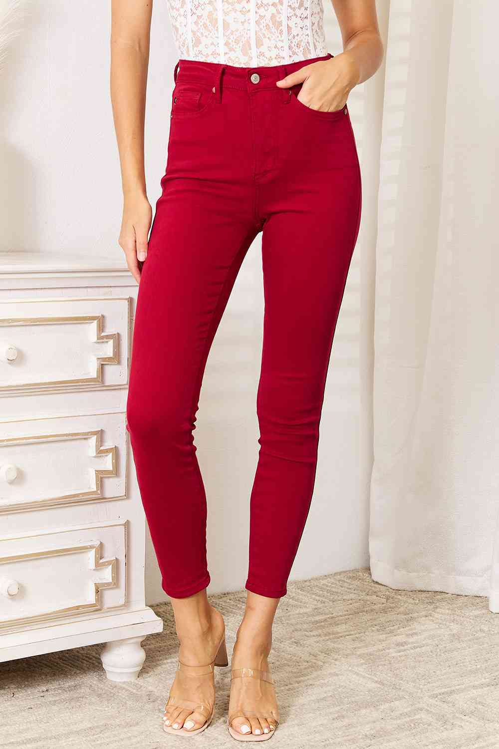Tummy Control High-Rise Waist Red Demim Judy Blue Skinny Jean Pants