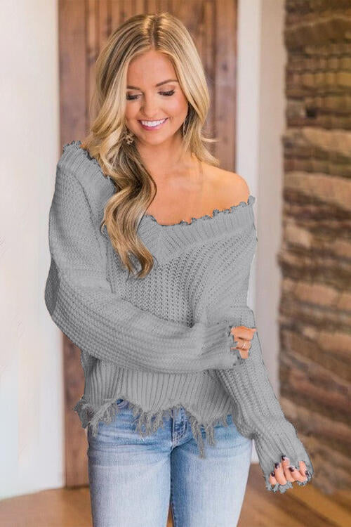 Distressed Raw Hem Off Shoulder Wide Neck Long Sleeve Waffle Knit Sweater Shirt
